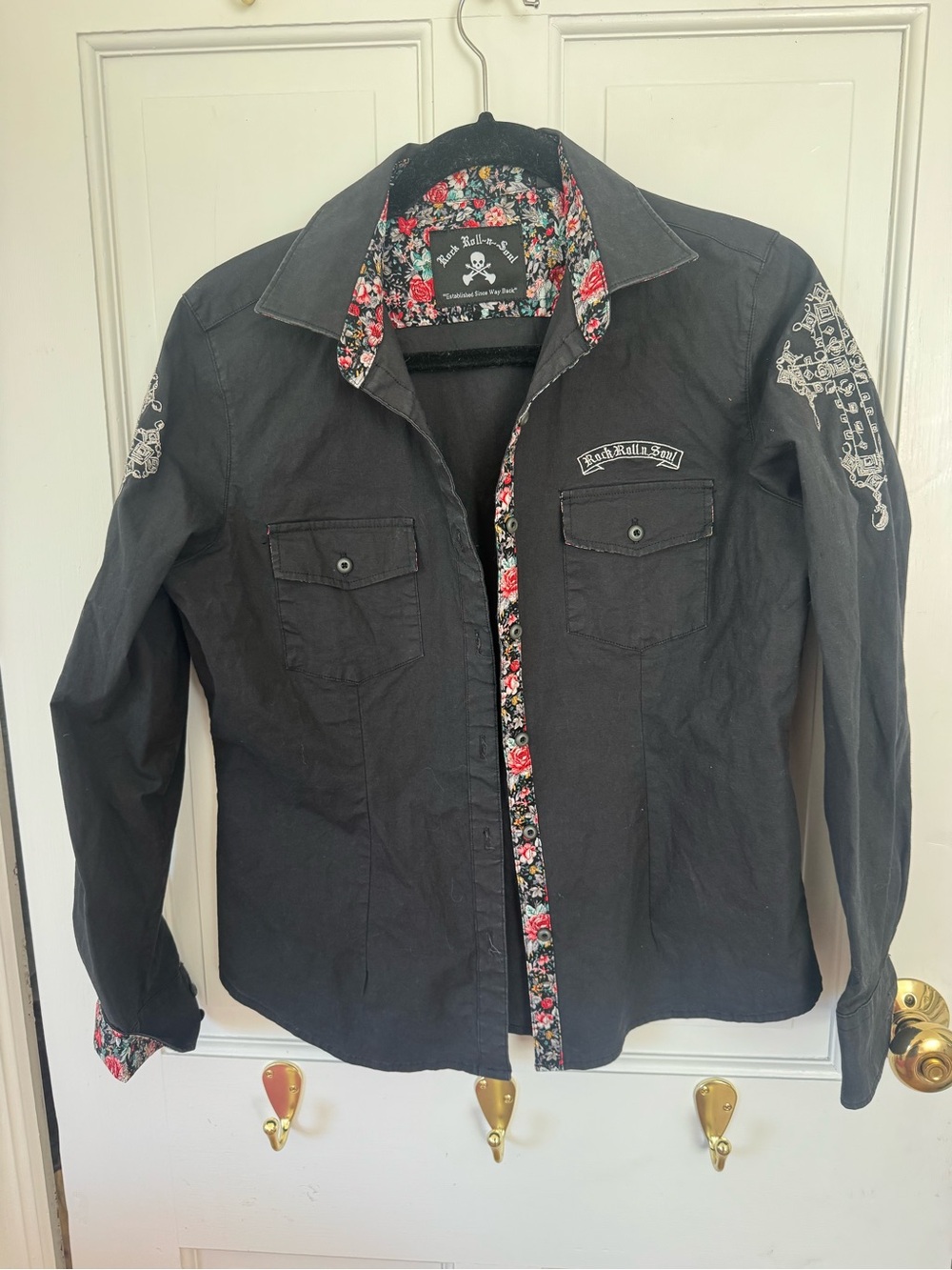 Black Embroidered Jean Jacket with Floral Trim